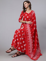 Women Red Dyed Printed Kurta And Trouser With Dupatta