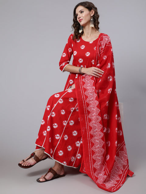 Women Red Dyed Printed Kurta And Trouser With Dupatta