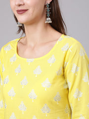 Women Yellow Printed Straight Kurta With Solid White Palazzo