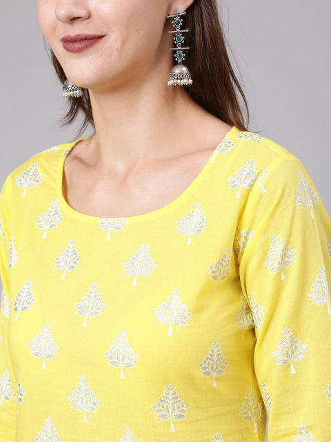 Women Yellow Printed Straight Kurta With Solid White Palazzo