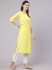 Women Yellow Printed Straight Kurta With Solid White Palazzo
