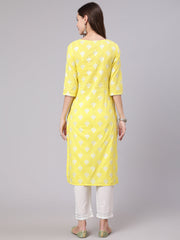 Women Yellow Printed Straight Kurta With Solid White Palazzo