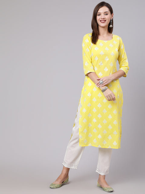 Women Yellow Printed Straight Kurta With Solid White Palazzo