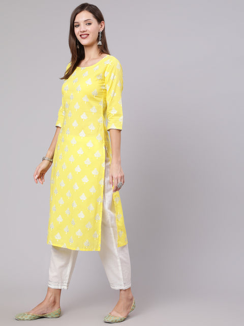 Women Yellow Printed Straight Kurta With Solid White Palazzo