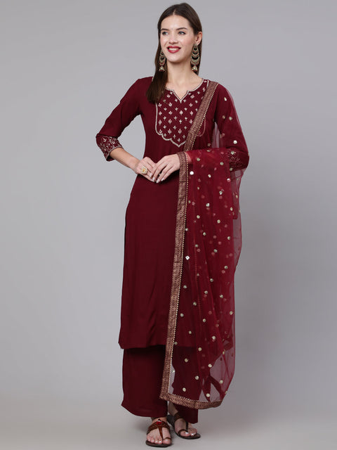 Women Burgundy Embroidered Kurta With Palazzo &  Dupatta