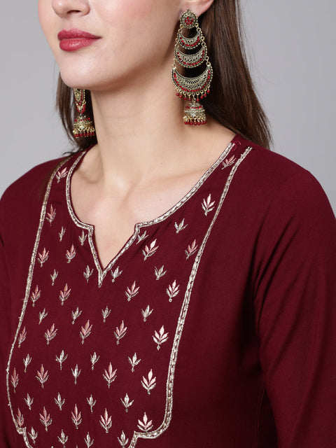 Women Burgundy Embroidered Kurta With Palazzo &  Dupatta