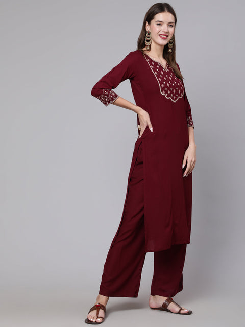 Women Burgundy Embroidered Kurta With Palazzo &  Dupatta