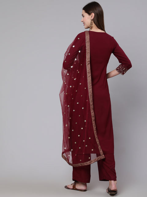 Women Burgundy Embroidered Kurta With Palazzo &  Dupatta