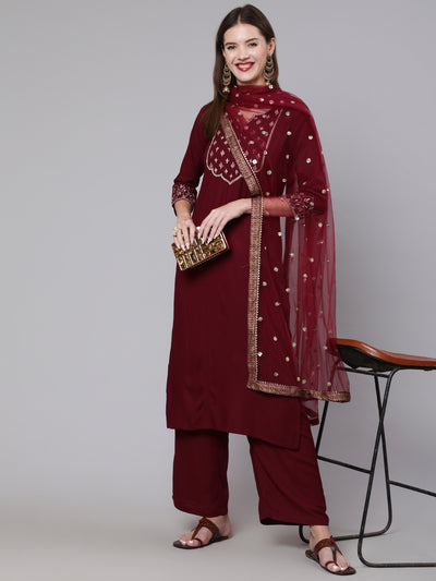 Women Burgundy Embroidered Kurta With Palazzo &  Dupatta