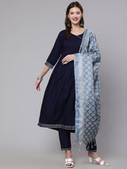 Women Navy Blue Solid Flared Kurta With Trouser And Dupatta