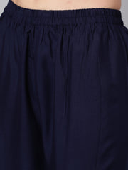 Women Navy Blue Solid Flared Kurta With Trouser And Dupatta