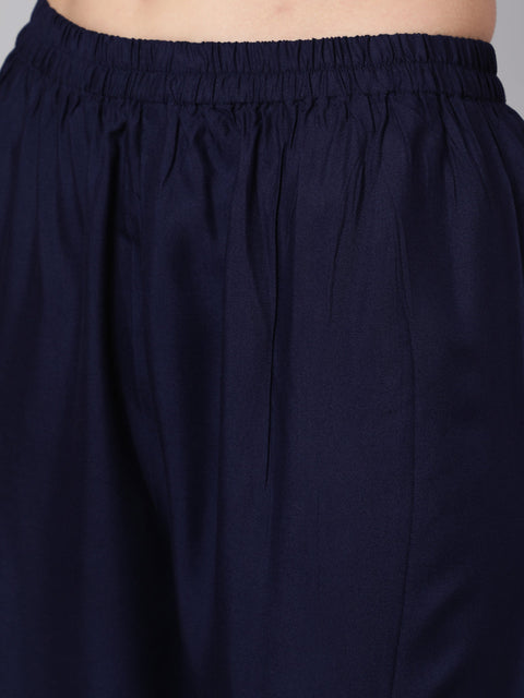 Women Navy Blue Solid Flared Kurta With Trouser And Dupatta