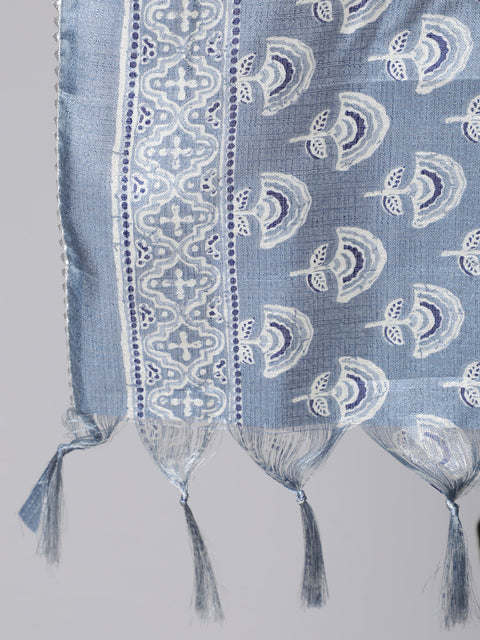 Women Navy Blue Solid Flared Kurta With Trouser And Dupatta