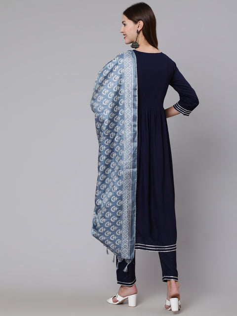 Women Navy Blue Solid Flared Kurta With Trouser And Dupatta