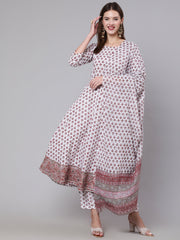 Women Off White Flared Kurta With Trouser & Dupatta