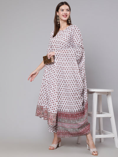 Women Off White Flared Kurta With Trouser & Dupatta