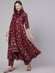 Women Burgundy Ethnic Printed Flared Kurta With Trouser And Dupatta