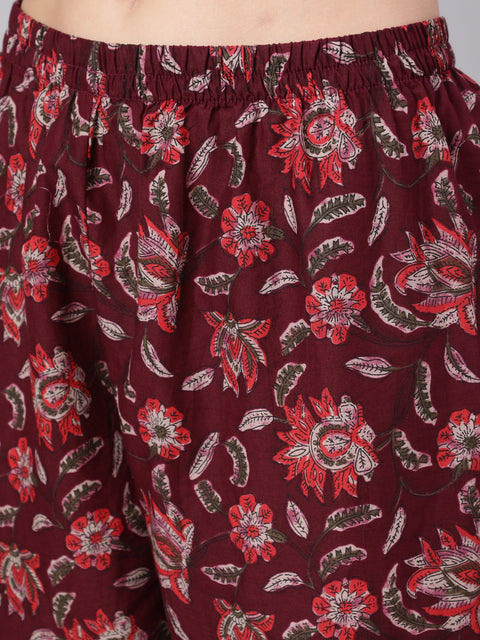Women Burgundy Ethnic Printed Flared Kurta With Trouser And Dupatta