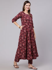 Women Burgundy Ethnic Printed Flared Kurta With Trouser And Dupatta