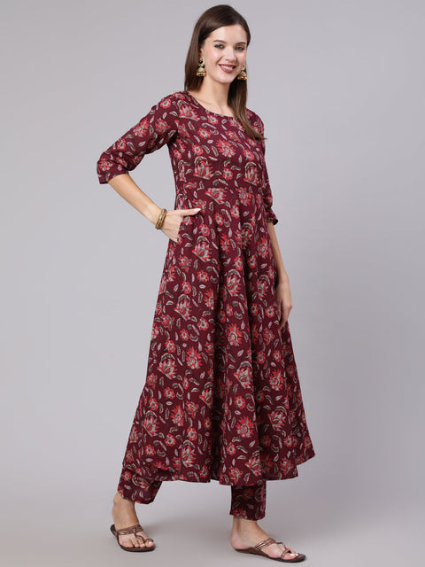 Women Burgundy Ethnic Printed Flared Kurta With Trouser And Dupatta