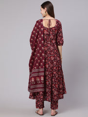 Women Burgundy Ethnic Printed Flared Kurta With Trouser And Dupatta