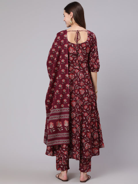 Women Burgundy Ethnic Printed Flared Kurta With Trouser And Dupatta