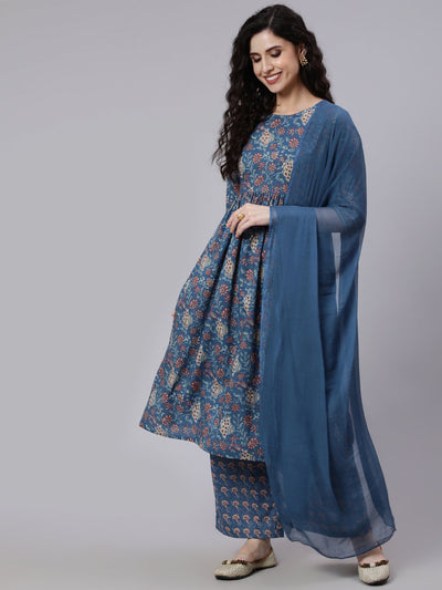 Women Blue Printed Flared Kurta With Palazzo And Dupatta