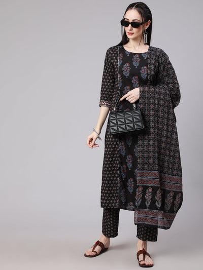 Women Black Ethnic Printed Kurta With Trouser And Dupatta