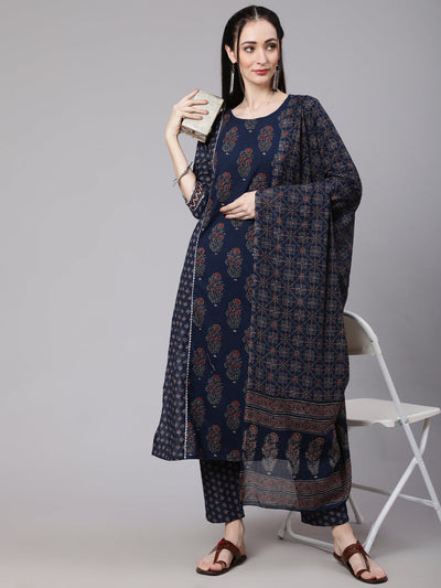 Women Blue Ethnic Printed Kurta With Trouser And Dupatta