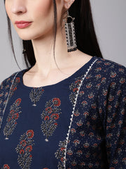 Women Blue Ethnic Printed Kurta With Trouser And Dupatta