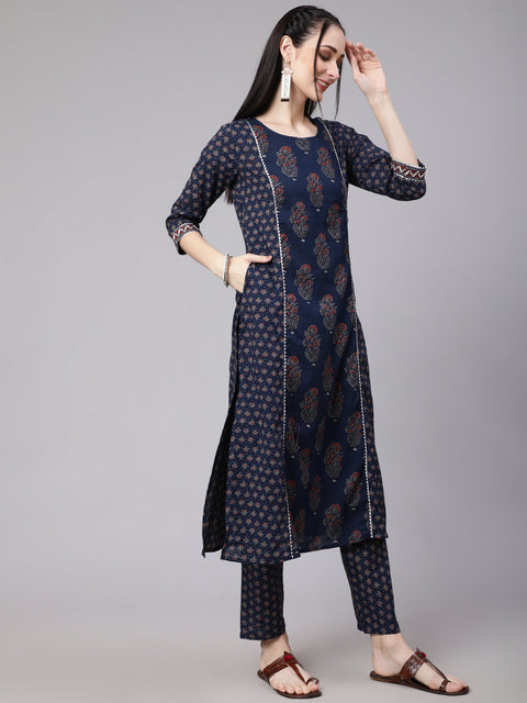 Women Blue Ethnic Printed Kurta With Trouser And Dupatta