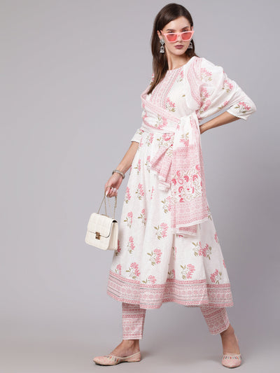 Women Pink Printed Flared Kurta With Trouser & Dupatta