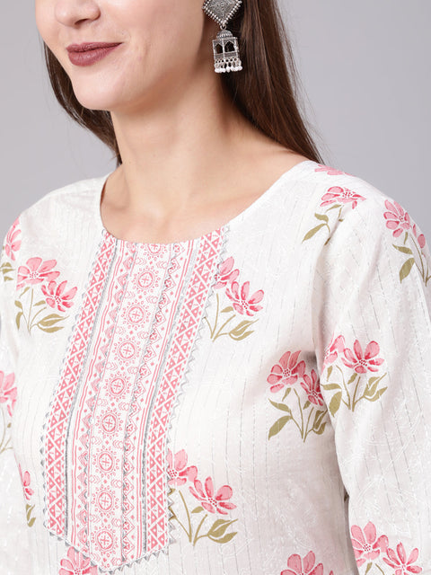 Women Pink Printed Flared Kurta With Trouser & Dupatta