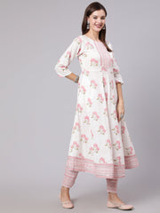 Women Pink Printed Flared Kurta With Trouser & Dupatta