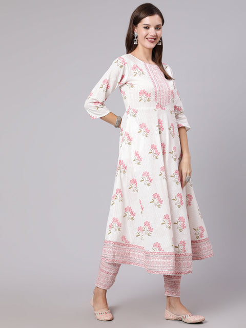 Women Pink Printed Flared Kurta With Trouser & Dupatta