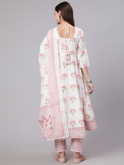 Women Pink Printed Flared Kurta With Trouser & Dupatta