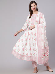 Women Pink Printed Flared Kurta With Trouser & Dupatta