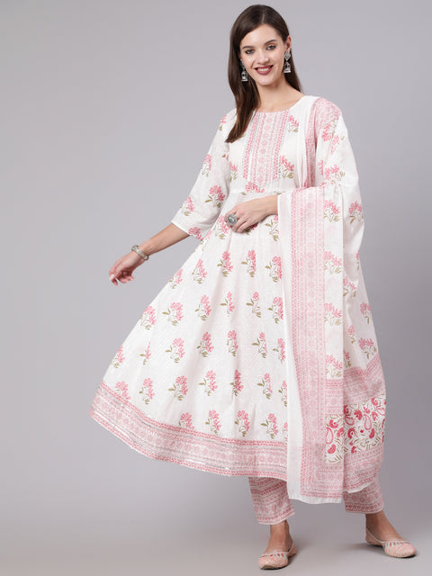 Women Pink Printed Flared Kurta With Trouser & Dupatta