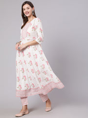 Women Pink Printed Flared Kurta With Trouser & Dupatta
