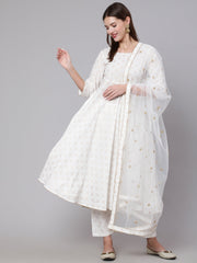 Women Off White Flared Kurta With Trouser & Dupatta