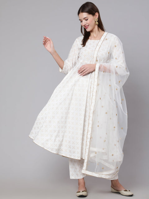 Women Off White Flared Kurta With Trouser & Dupatta
