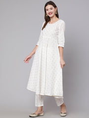Women Off White Flared Kurta With Trouser & Dupatta