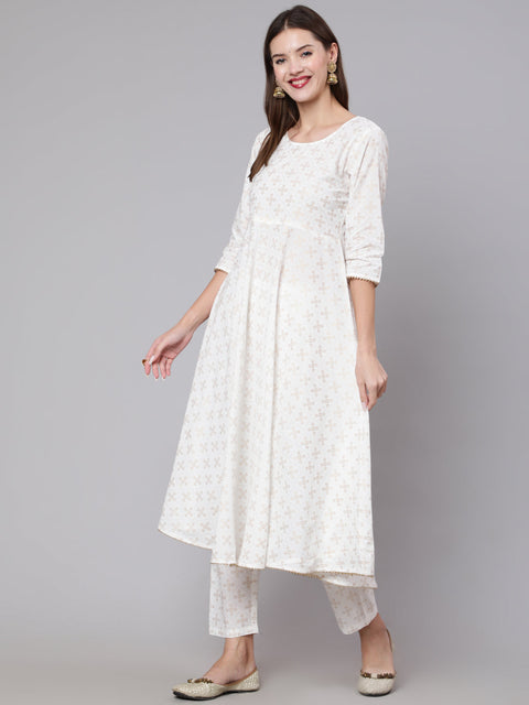 Women Off White Flared Kurta With Trouser & Dupatta