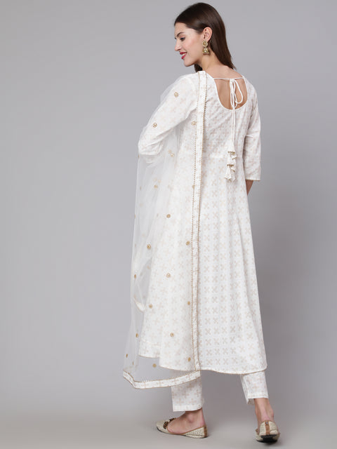 Women Off White Flared Kurta With Trouser & Dupatta