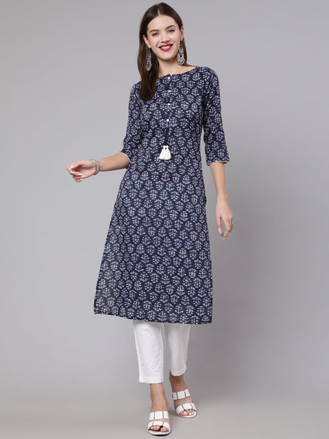 Women Navy Blue Printed Straight Kurta With Three Quarter Sleeves