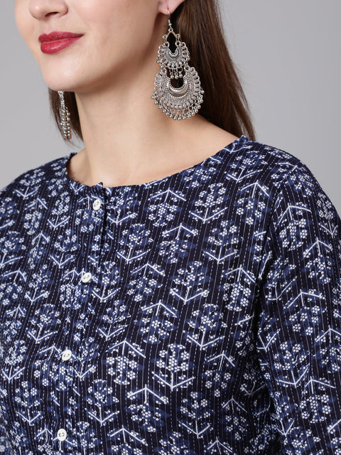 Women Navy Blue Printed Straight Kurta With Three Quarter Sleeves