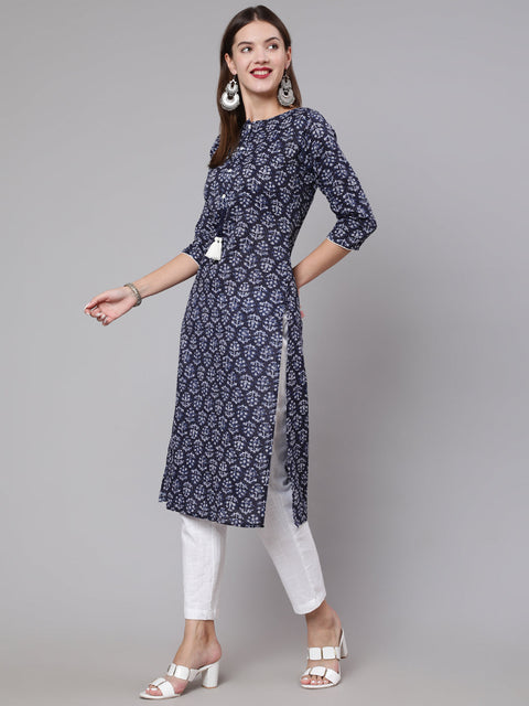 Women Navy Blue Printed Straight Kurta With Three Quarter Sleeves