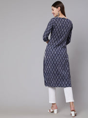 Women Navy Blue Printed Straight Kurta With Three Quarter Sleeves
