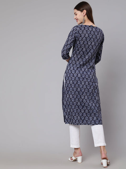Women Navy Blue Printed Straight Kurta With Three Quarter Sleeves