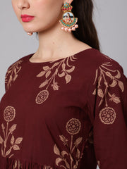 Women Brown Ethnic Printed Kurta With Palazzo And Dupatta